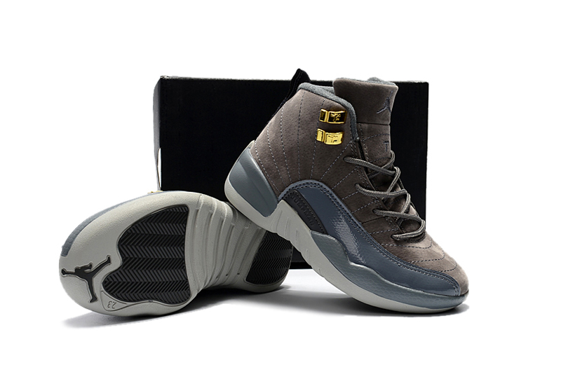 New Air Jordan 12 Dark Grey Gold For Kids - Click Image to Close